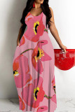 Black Gold Casual Print Backless Spaghetti Strap Long Dresses