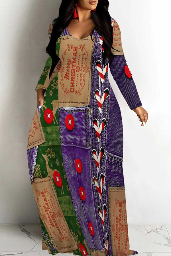 Green Purple Casual Faux Denim Print Patchwork V Neck Long Dresses