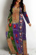 Green Purple Casual Faux Denim Print Patchwork V Neck Long Dresses