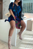 Tibetan Blue Casual Print Slit V Neck Short Sleeve Two Pieces