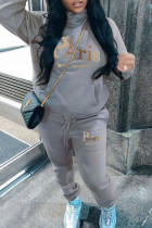 Grey Casual Print Pocket Patchwork Hooded Long Sleeve Two Pieces
