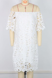 White Elegant Solid Color Hollow Out Patchwork Off Shoulder Straight Dresses