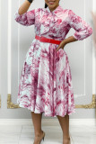Red Elegant Print Patchwork With Belt Printed Dresses