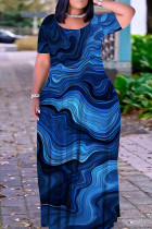 Dark Blue Casual Print Basic O Neck Long Plus Size Dresses