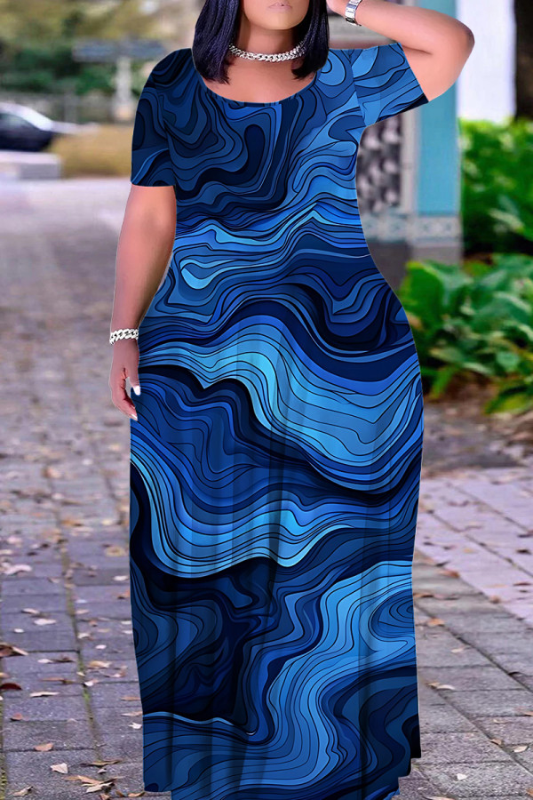 Dark Blue Casual Print Basic O Neck Long Plus Size Dresses