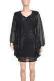 Black Sexy Solid Color Patchwork V Neck Wrapped Skirt Dresses