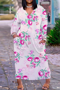 Pink Purple Casual Floral Print Basic V Neck Long Plus Size Dresses