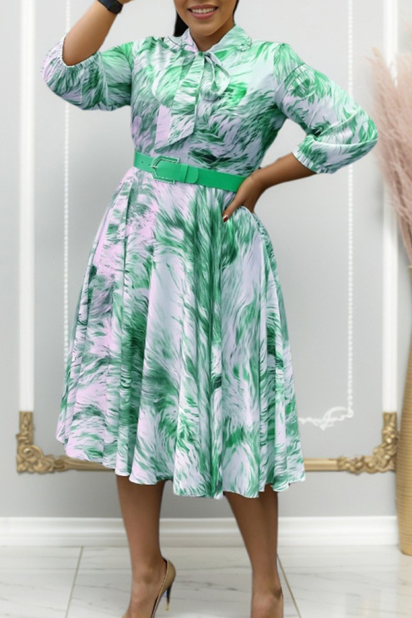 Green Elegant Print Patchwork With Belt Printed Dresses