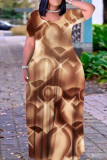 Dark Blue Casual Print Basic O Neck Long Plus Size Dresses