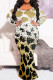 White Gold Casual Print Patchwork O Neck Fishtail Plus Size Dresses