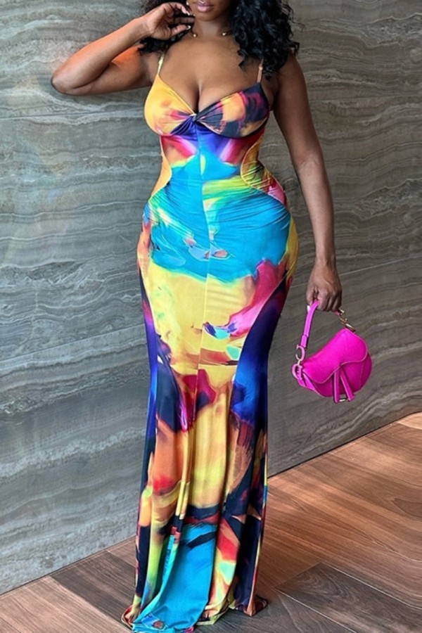 Multicolor Sexy Print Backless Spaghetti Strap Long Dresses