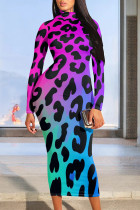 Purplish Blue Casual Print Patchwork O Neck Long Dresses