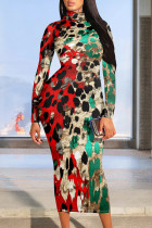 Green Red Casual Print Patchwork O Neck Long Dresses