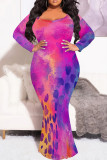 Green Red Casual Print Patchwork O Neck Fishtail Plus Size Dresses