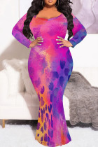 Purple Orange Casual Print Patchwork O Neck Fishtail Plus Size Dresses