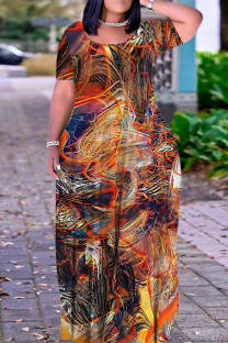 Dark Brown Casual Print Basic O Neck Long Plus Size Dresses