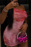 Pink Sexy Print Backless Off Shoulder Sleeveless Dresses