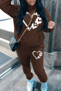 Brown Casual Print Pocket Patchwork Hooded Long Sleeve Two Pieces