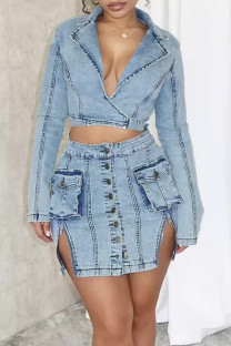 Sky Blue Street Solid Color Hollow Out Pocket Patchwork Slit Turndown Collar Long Sleeve Regular Denim Dresses