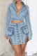 Sky Blue Street Solid Color Hollow Out Pocket Patchwork Slit Turndown Collar Long Sleeve Regular Denim Dresses