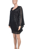 Black Sexy Solid Color Patchwork V Neck Wrapped Skirt Dresses