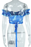 Royal Blue Sexy Casual Print Backless Off Shoulder Tops