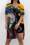 Tibetan Blue Casual Print Slit V Neck Short Sleeve Two Pieces