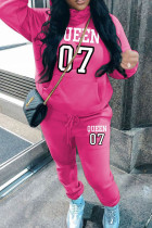 Rose Red Casual Print Pocket Patchwork Hooded Long Sleeve Two Pieces