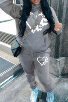 Grey Casual Print Pocket Patchwork Hooded Long Sleeve Two Pieces