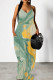 Light Green Casual Print Patchwork Spaghetti Strap Sling Dresses