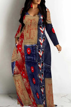 Khaki Red Casual Faux Denim Print Patchwork V Neck Long Dresses