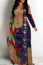Red Green Casual Faux Denim Print Patchwork V Neck Long Dresses