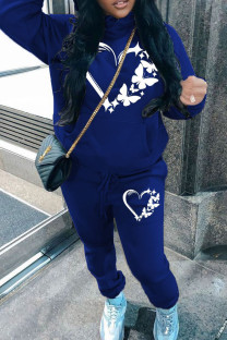 Blue Casual Print Pocket Patchwork Hooded Long Sleeve Two Pieces