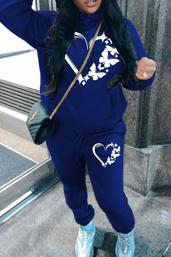 Blue Casual Print Pocket Patchwork Hooded Long Sleeve Two Pieces