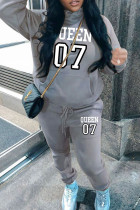 Grey Casual Print Pocket Patchwork Hooded Long Sleeve Two Pieces