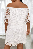 White Elegant Solid Color Hollow Out Patchwork Off Shoulder Straight Dresses