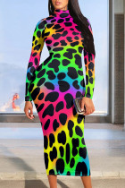 Red Green Casual Print Patchwork O Neck Long Dresses