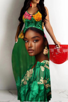 Green Casual Figure Print Backless Spaghetti Strap Long Dresses