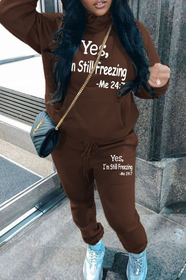 Brown Casual Solid Color Patchwork Hooded Long Sleeve Two Pieces
