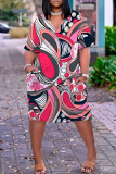 Red Casual Print Pocket V Neck Short Sleeve Plus Size Dresses