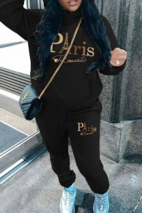 Black Casual Print Pocket Patchwork Hooded Long Sleeve Two Pieces