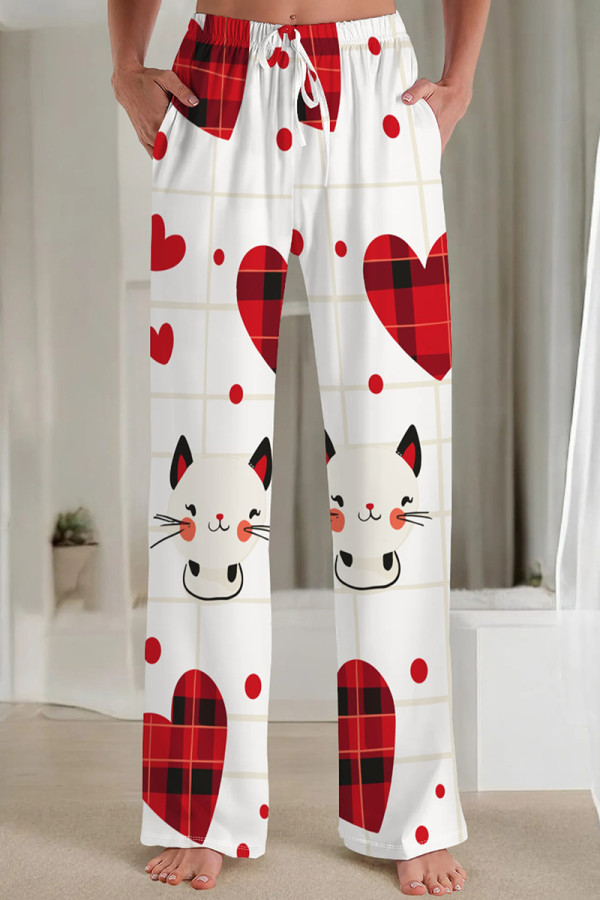 White Casual Print Pocket Patchwork Loose Mid Waist Straight Full Print Bottoms