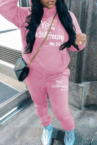 Pink Casual Solid Color Patchwork Hooded Long Sleeve Two Pieces