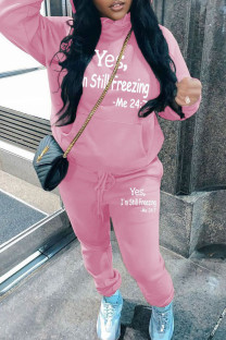 Pink Casual Solid Color Patchwork Hooded Long Sleeve Two Pieces