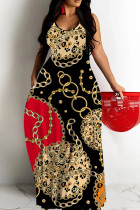 Black Gold Casual Print Backless Spaghetti Strap Long Dresses