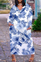 White Blue Casual Floral Print Basic V Neck Long Plus Size Dresses
