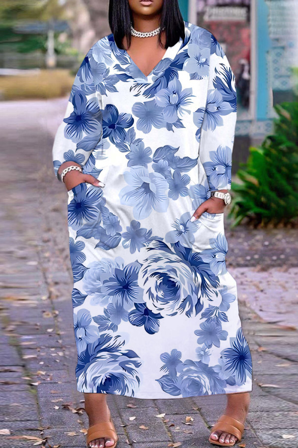 White Blue Casual Floral Print Basic V Neck Long Plus Size Dresses
