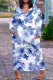 White Blue Casual Floral Print Basic V Neck Long Plus Size Dresses