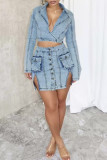 Sky Blue Street Solid Color Hollow Out Pocket Patchwork Slit Turndown Collar Long Sleeve Regular Denim Dresses