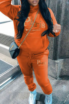Orange Casual Print Pocket Patchwork Hooded Long Sleeve Two Pieces